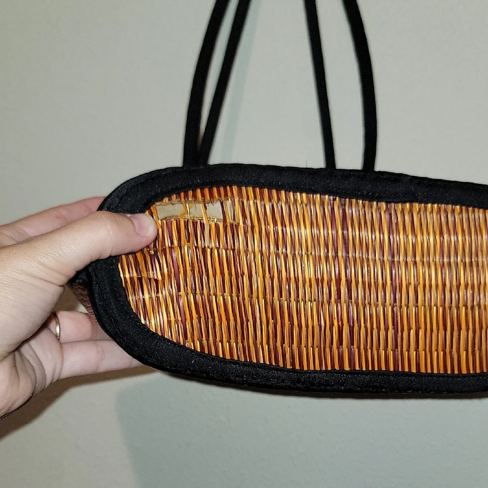 Tan and Black Woven Tote Bag with Structured Design